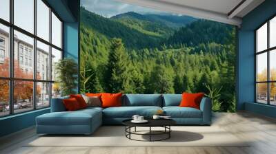 Green mountains and forests under the blue sky Wall mural