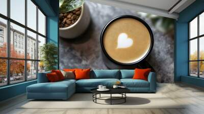 Heart Shaped Latte Art in Black Mug Wall mural