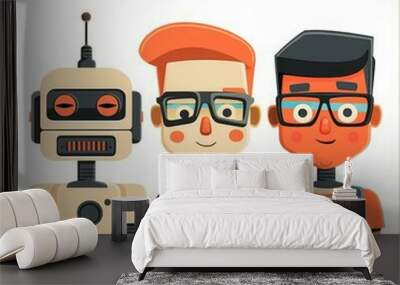 Illustration of a robot and two people of different ethnicities wearing glasses Wall mural