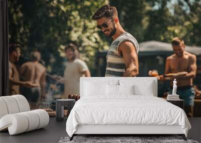 Man Grilling Food at a Summer Outdoor Party Wall mural