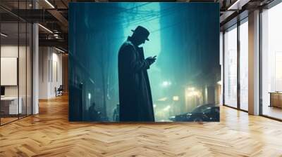 Man in a hat looking at his phone in a dark alley Wall mural