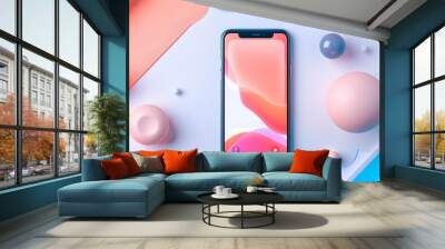 Minimalist Blue and Pink 3D Illustration of a Phone with Abstract Shapes Wall mural