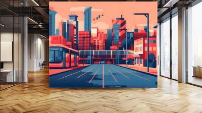 Modern Cityscape with Tram and Buildings Illustration Wall mural