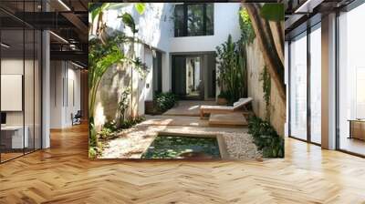 Modern Courtyard with Pond and Lush Greenery Wall mural