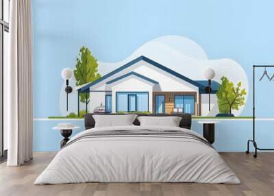 Modern House Exterior with Blue Roof and Green Trees Wall mural