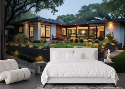 Modern house with beautiful landscape and outdoor lighting Wall mural