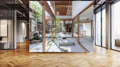 Modern Japanese House with Interior Courtyard and Wooden Beams Wall mural