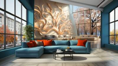 Modern living room interior design with large tree wall sculpture Wall mural