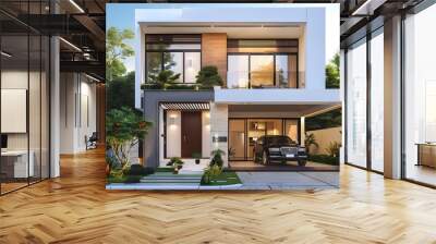 Modern Two Story House with a Car in the Garage Wall mural