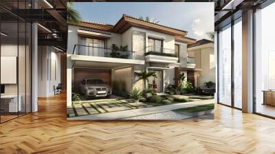 Modern Two Story House with Garage and Landscaping Wall mural