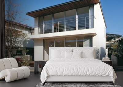 Modern Two Story House With Wooden Deck And Sliding Glass Doors Wall mural