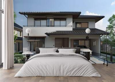 Modern Two Story Japanese Style House with a Car in the Garage Wall mural