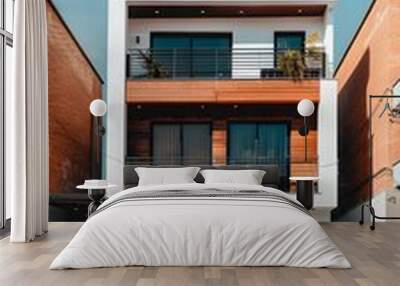 Modern White and Wood Facade House with Two Balconies Wall mural