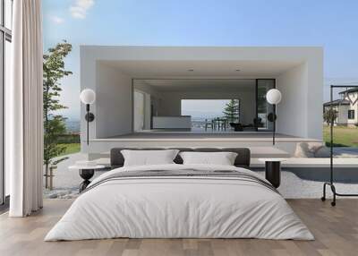 Modern White House with Large Glass Doors and View of Mountains Wall mural