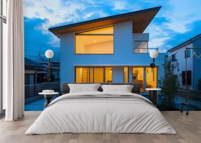 Modern White House with Large Windows and Wooden Deck Wall mural