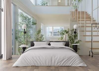 Modern White Minimalist Interior Design of a Two Story House with Large Windows Wall mural