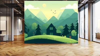 Mountain Landscape with Cabin and Green Trees Wall mural