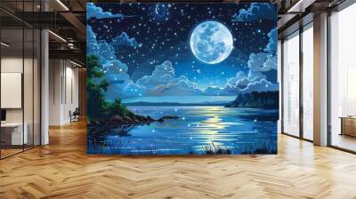 Night Sky With Full Moon And Stars Over Calm Water Wall mural