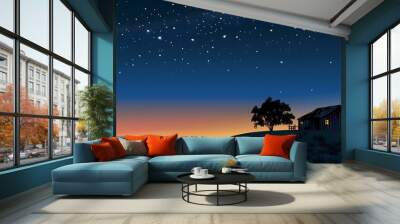 Night Sky with Stars and Cabin in Silhouette Wall mural