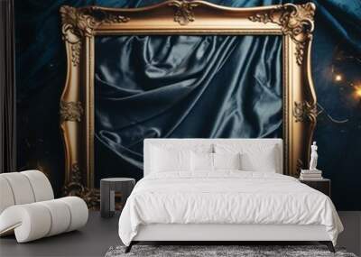 ornate gold frame with blue draped cloth and fairy lights Wall mural