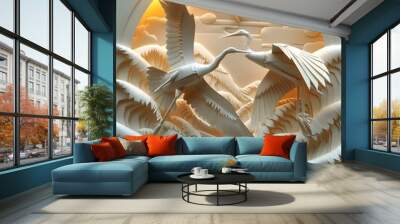 Paper carving of two white cranes flying over stormy sea waves Wall mural