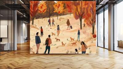 People Walking Dogs in a Forest in Autumn Wall mural