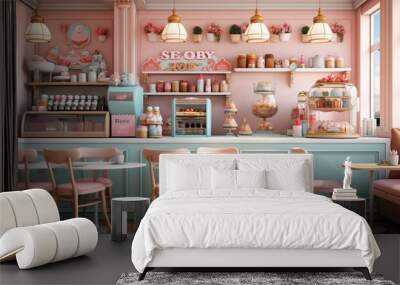 Pink and blue pastel bakery interior Wall mural