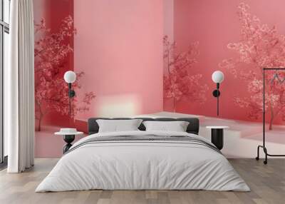 Pink Minimalist Background With Empty Platform And Flowers Wall mural