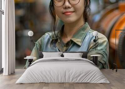 Portrait of a young Asian female engineer wearing a hard hat and safety glasses, standing in a factory. Wall mural