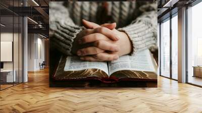 Praying Hands Over Open Bible Wall mural