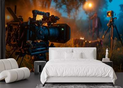 Professional Film Camera On Tripod Setup In Forest At Night Wall mural