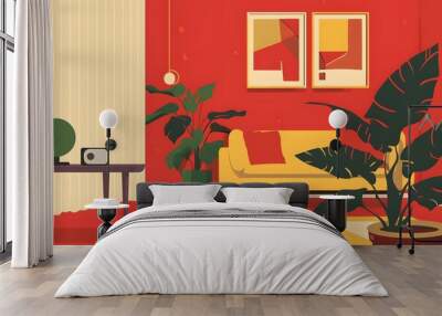 Red Living Room With Yellow Sofa and Green Plants Wall mural