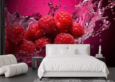 Ripe red raspberries with water splash on a pink background Wall mural