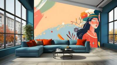 Romantic Couple Illustration With Watercolor Background Wall mural