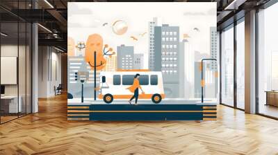 Simple Illustration of City Life with Bus and People Wall mural