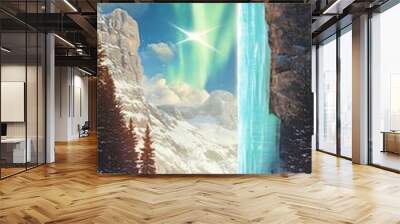 Snowy Mountain Landscape With Aurora Borealis Wall mural