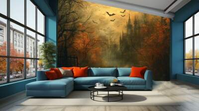 Spooky castle in the middle of a dark forest with bats flying around Wall mural