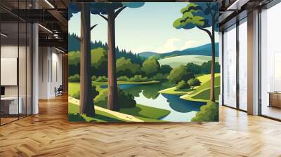 Summer Landscape Illustration with River and Trees Wall mural