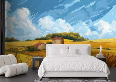 Summer Landscape with Two Houses and Wheat Field Wall mural