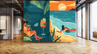 Summer Vacation Relaxation Beach Illustration with Two Women Wall mural