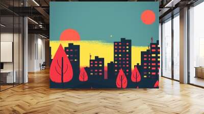 Sunset Cityscape with Flat Design and Red Trees Wall mural