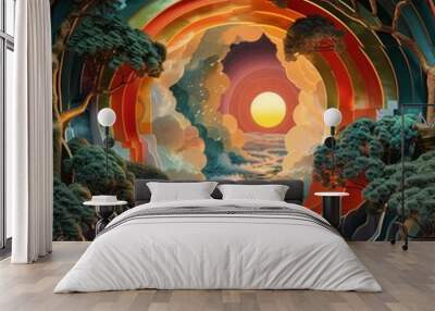 Surreal landscape painting with vibrant colors and intricate details Wall mural