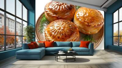 Three baked meat pies sit on a brown plate with rosemary sprigs. Wall mural