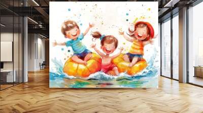 Three happy children playing in the water Wall mural