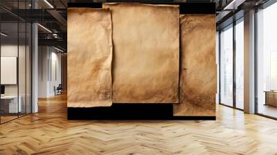 Three sheets of old paper with torn edges on a black background Wall mural