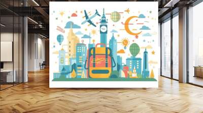 Travel Illustration with Backpack and Cityscape Wall mural