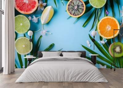 Tropical Fruits and Flowers Summer Background Wall mural