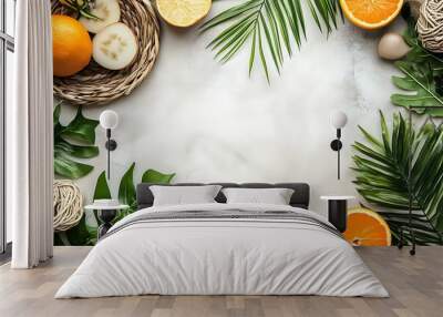 Tropical Fruits and Leaves Flat Lay Wall mural