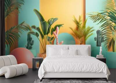 Tropical Plants and Colorful Geometric Shapes in a Summery Still Life Wall mural