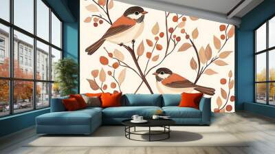 Two Birds on Branch with Berries and Leaves Wall mural